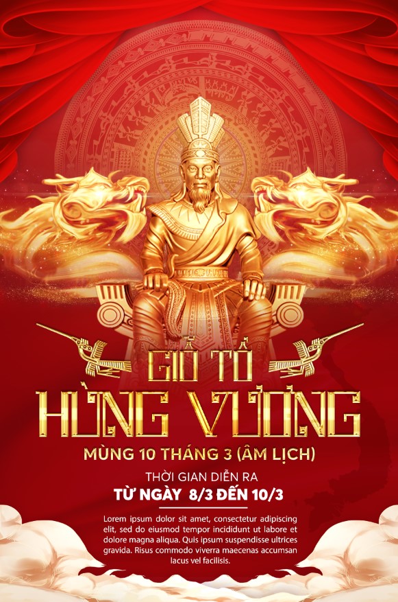 Solemn Hung Kings's Anniversary holiday announcement Golden Hung King statue on red festive background cover poster banner media post, Giỗ Tổ Hùng Vương